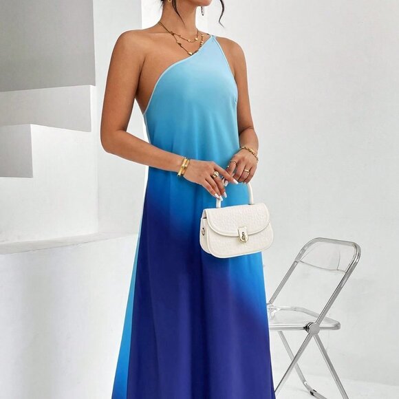 Blue Boho Womens Ombre One Shoulder Maxi Dress - Picture 4 of 5